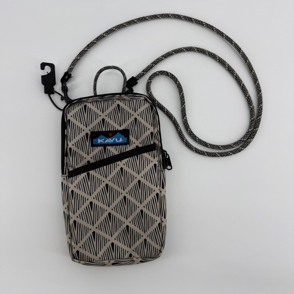 KAVU Essential Case Crossbody Phone Bag Geometric Monochrome Rope Strap Black